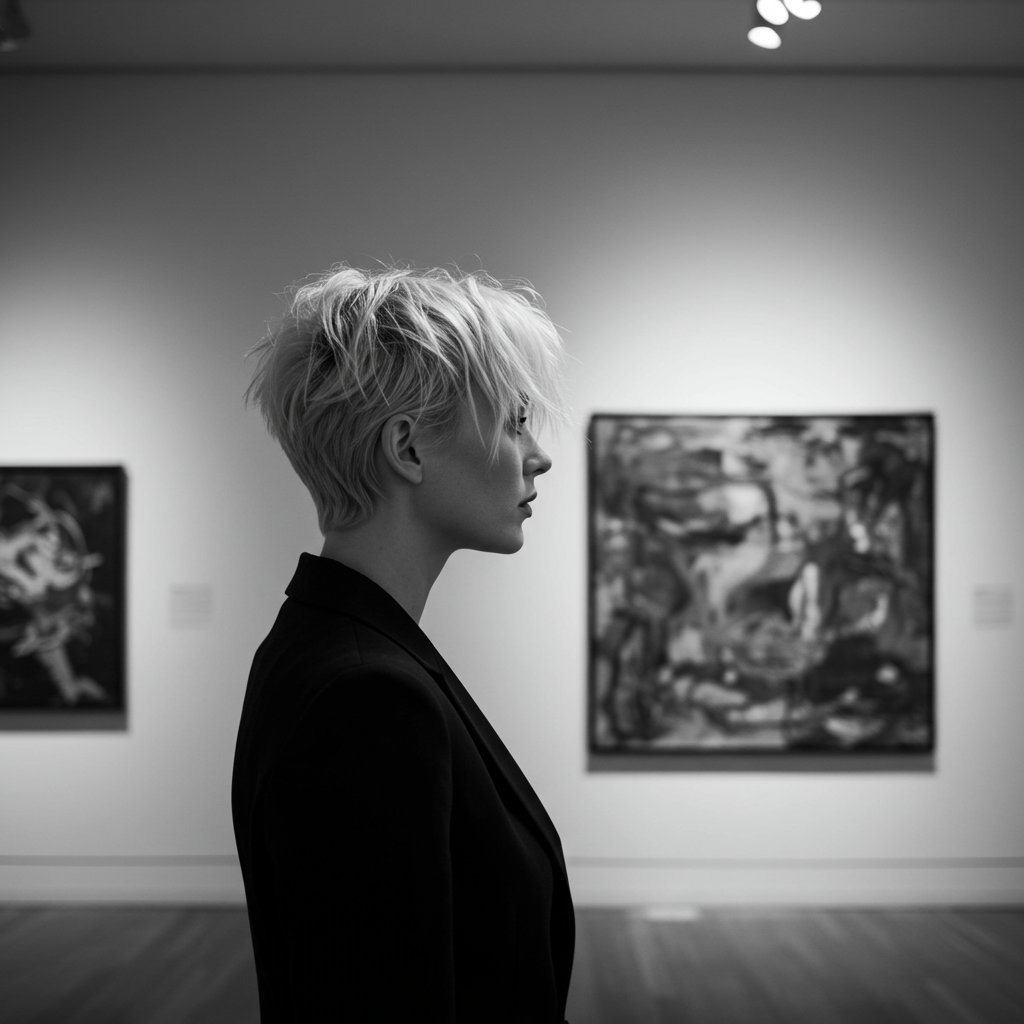 Woman With Pixie Cut In Art Gallery