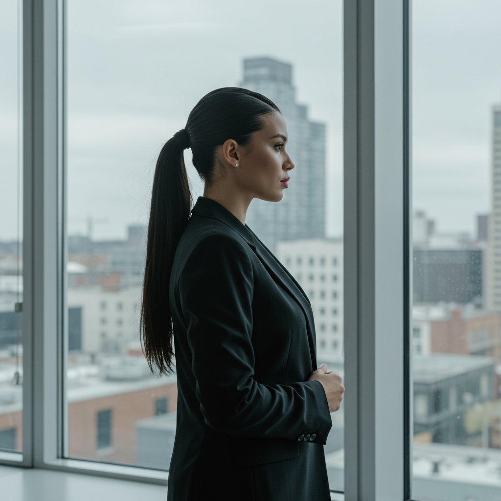 Woman With Sleek Ponytail In Office