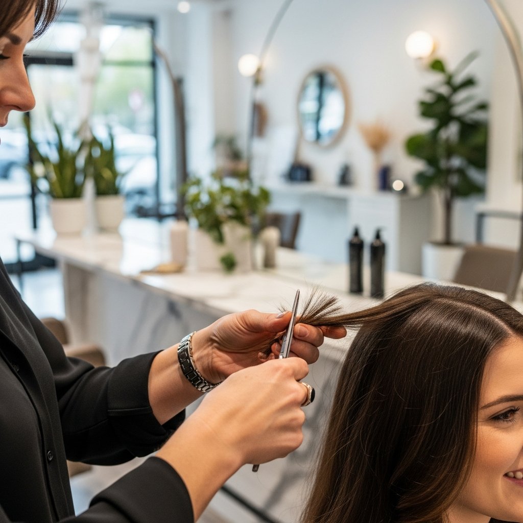 Stylist Performing Hair Dusting Trim In Salon